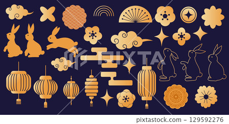 Mid Autumn Festival set with lanterns and rabbits Mid Autumn Festival set with lanterns and rabbits 129592276