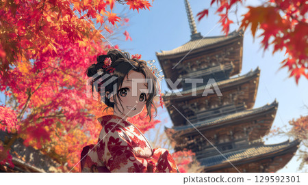 A woman in a kimono sightseeing at Toji Temple in Kyoto in autumn 129592301