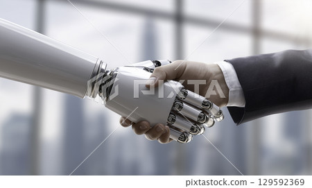Business Handshake Between Bank Manager and Robotic Hand in Modern Office. High quality illustration 129592369