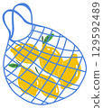 Hand-drawn digital illustration of fresh yellow lemons in a vibrant blue mesh bag. Modern, bold design perfect for kitchen art, packaging, editorial, and summer-themed creative projects. 129592489