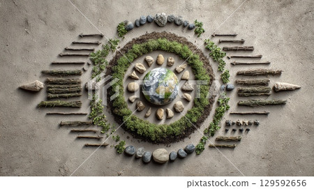 Natural Mandala with Earth Surrounded by Rocks, Plants, and Symmetrical Patterns 129592656