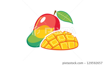 Playful tropical mango artwork, bright and smooth style, half fruit and sliced cubes, minimal white backdrop for layout. 129592657