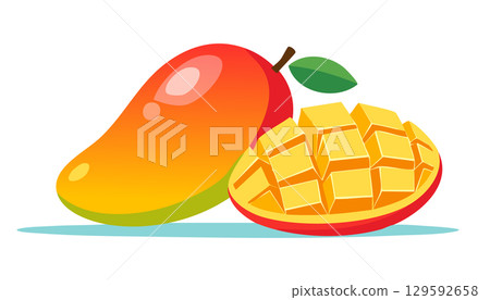 Colorful cartoon mango with sliced cubes, bright and juicy look, large copy space on clean white background. 129592658