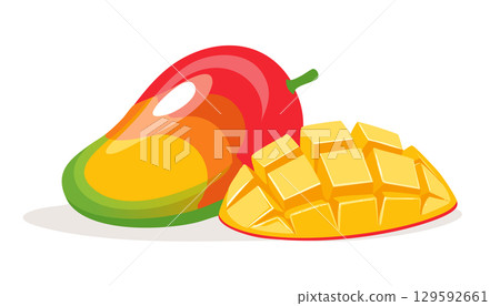 Cute mango clipart with fresh green leaves, diced texture, vivid colors, placed on pure white space for design use. Cute mango clipart with fresh green leaves, diced texture, vivid colors, placed on pure white space for design use. 129592661