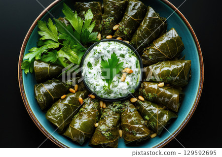 Delicious dolmas served on a vibrant plate with fresh herbs Delicious dolmas served on a vibrant plate with fresh herbs 129592695