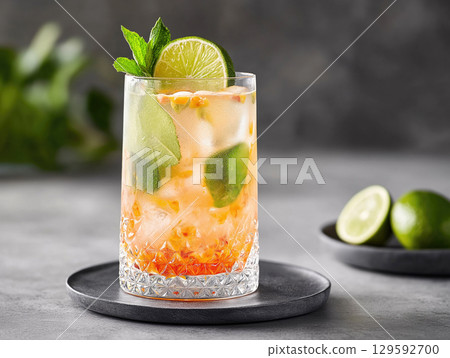 Refreshing cocktail with lime and mint served over ice 129592700