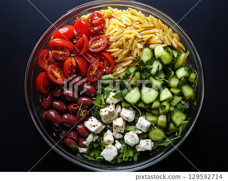 Fresh orzo salad with vegetables and feta 129592714