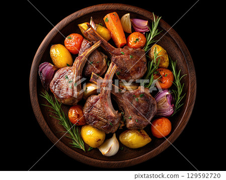 Succulent lamb chops served with roasted vegetables and fresh herbs 129592720