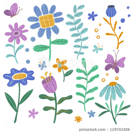 Children's drawing crayon. Set of abstract flowers, plants and butterflies. Children's drawing crayon. Set of abstract flowers, plants and butterflies. 129592886