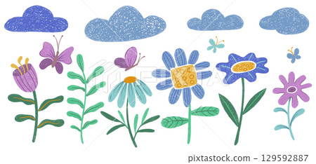 Children's drawing with crayon. Set of abstract flowers, plants and butterflies. Children's drawing with crayon. Set of abstract flowers, plants and butterflies. 129592887