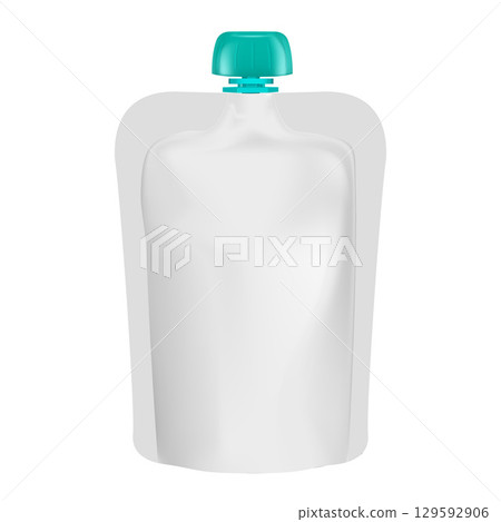 Flexible pouch up bag mockup with aquamarine color spout lid, vector realistic 3D doy-pack food drink products package 129592906