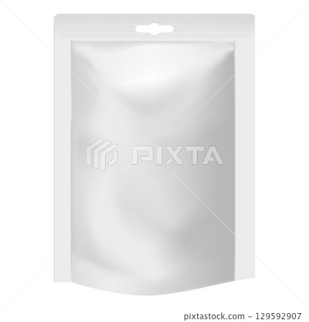 White zip bag, paper or plastic bag vector 3D mockup design, realistic closed empty pouch doy-pack package 129592907
