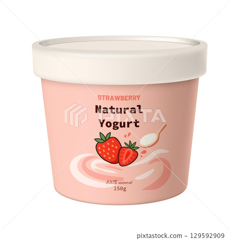 Realistic natural yogurt bucket cup product package, label with strawberry vector 3D mockup, round plastic container 129592909