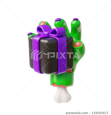 Creepy zombie green hand holds gift box, 3D vector cartoon corpse arm dead rotting flesh and bones gives present 129593017