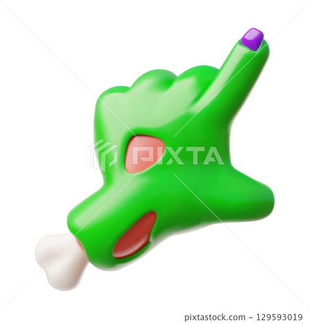 Creepy zombie green hand gesture 3D vector, dead rotting flesh and bone, corpse arm with thumb and index finger extended Creepy zombie green hand gesture 3D vector, dead rotting flesh and bone, corpse arm with thumb and index finger extended 129593019