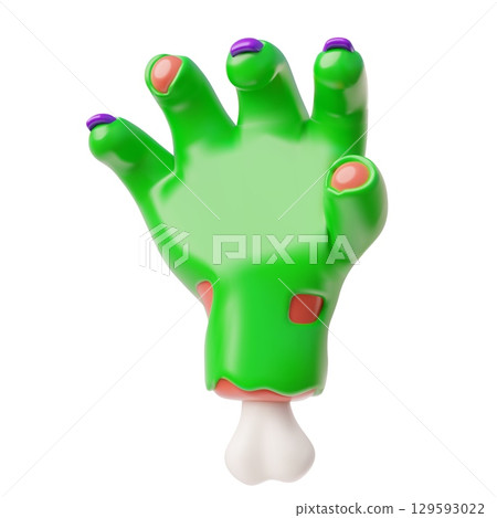 Creepy zombie green hand stretches up vector 3D icon, dead human body limb with rotting flesh and bone, Halloween arm 129593022