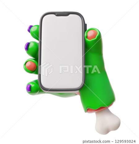 Creepy zombie green hand holding a mobile smartphone with white screen 3D vector, Halloween walking dead screen mock up Creepy zombie green hand holding a mobile smartphone with white screen 3D vector, Halloween walking dead screen mock up 129593024