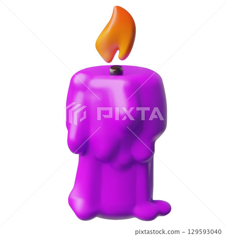 Burning purple candle with dripping or flowing wax 3D plastic style vector, glowing lit paraffin candle with fire flame 129593040