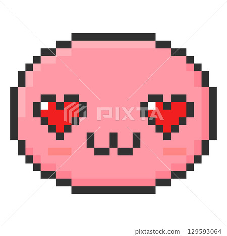 Happy kawaii emoji emoticon in love vector pixel art, pink enamored face with heart-shaped eyes, cute retro avatar Happy kawaii emoji emoticon in love vector pixel art, pink enamored face with heart-shaped eyes, cute retro avatar 129593064