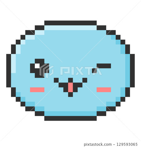 Cute round pixel smiley with winking eye, smile, 8-bit retro icon. Cute round pixel smiley with winking eye, smile, 8-bit retro icon. 129593065