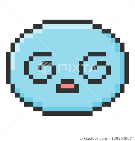Round face smiley, blue, with spiral eyes, screaming mouth, pixel kawaii character. 129593067