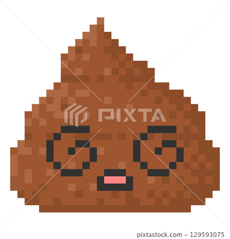 Dizzy shocked poop brown kawaii emoji emoticon pixel art, surprised face poo turd heap with spiral eyes and opened mouth 129593075
