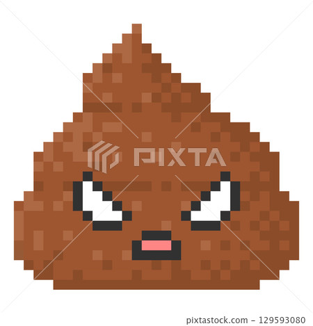 Angry poop kawaii emoji emoticon pixel art, vector 8 bit threatening evil face poo turd heap with scary eyes, open mouth 129593080
