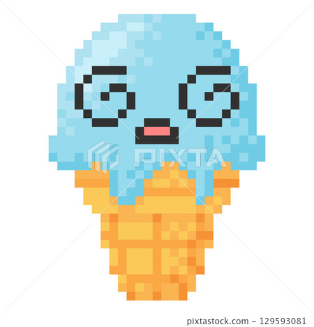Dizzy ice cream in wafer cone surprised face with spiral eyes and opened mouth kawaii emoji emoticon vector pixel art 129593081