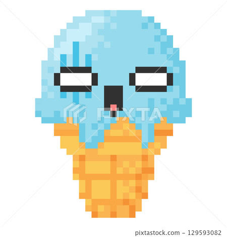 Pixel ice cream ghost, cone with blue ball and scary face, eyes, 8 bit icon. 129593082