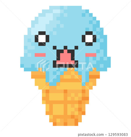Ice cream in wafer cone scared face with fear big eyes and dropped jaw emoji emoticon vector 8 bit pixel art 129593083