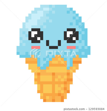 Pixel ice cream face, kawaii character, cone with blue ball, eyes, 8 bit. Cute smiling emoji. Pixel ice cream face, kawaii character, cone with blue ball, eyes, 8 bit. Cute smiling emoji. 129593084