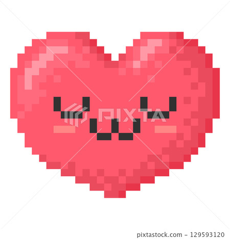 Heart icon, pink, with a cute face, closed eyes, pixel character, emoji. Heart icon, pink, with a cute face, closed eyes, pixel character, emoji. 129593120