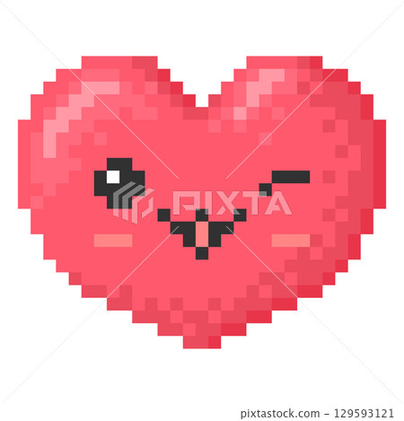 Pixel kawaii heart icon, pink, winking, 8 bit. Cute character with facial expression. Pixel kawaii heart icon, pink, winking, 8 bit. Cute character with facial expression. 129593121