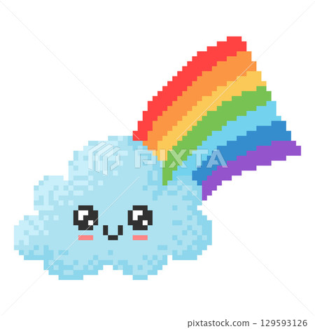Cute pixel kawaii blue cloud with rainbow, happy character. 129593126
