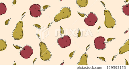 Apple and pear seamless pattern on beige background 129593153
