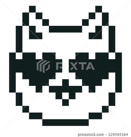 Pixel animal smiley, happy cat, with hearts instead of eyes, black and white icon, 8 bit. 129593164