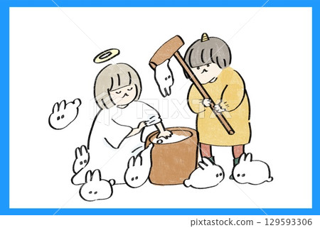 Mochi-pounding rabbit and girl Mochi-pounding rabbit and girl 129593306