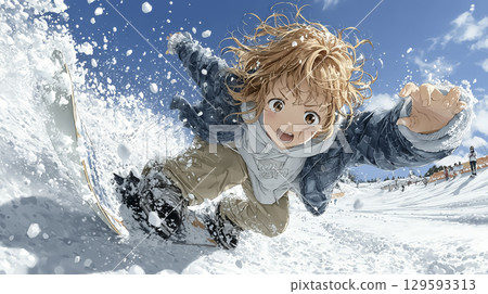 一位女滑雪運動員在粉雪上暢快滑行的插圖 129593313
