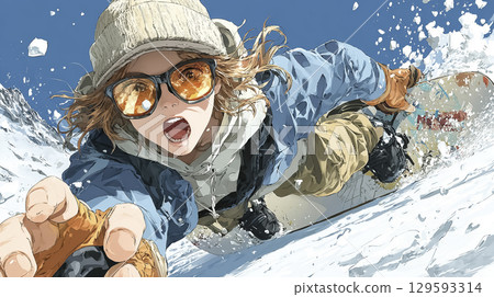 一位女滑雪運動員在粉雪上暢快滑行的插圖 129593314