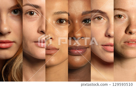 Multi-ethnic women portraits aligned in creative vertical composition 129593510