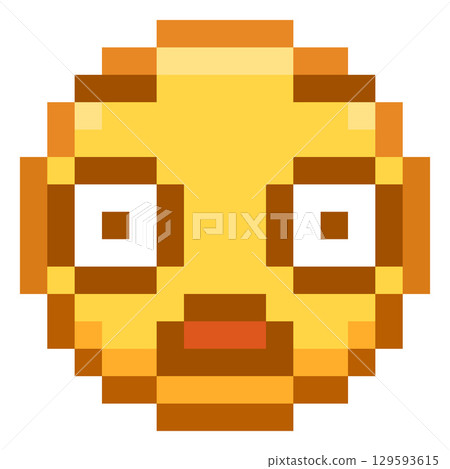 Surprised and scared emoji emoticon vector pixel art, color 8 bit astonished face with frightened huge eyes 129593615