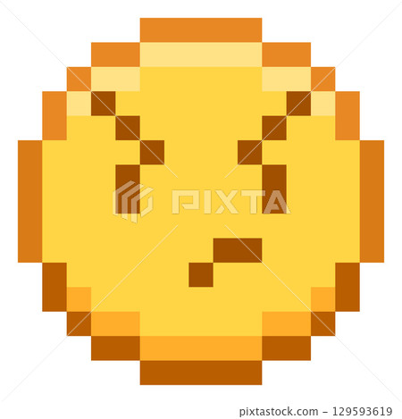 Frowning emoji emoticon pixel art vector icon, color sad gloomy face, retro 8 bit video game disappointed expression 129593619