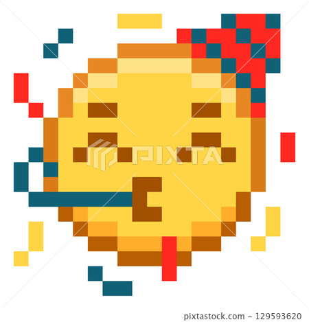 Festive surprise emoji emoticon vector pixel art, color face with cone hat and whistle happy holiday celebration Festive surprise emoji emoticon vector pixel art, color face with cone hat and whistle happy holiday celebration 129593620