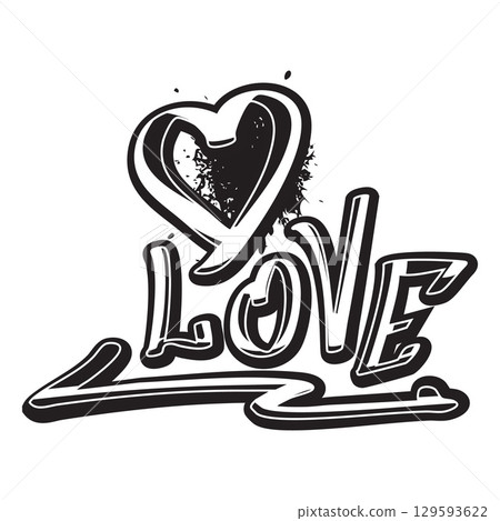 Spray paint graffiti LOVE text with heart, vector black grunge stencil texture typographic street art, aerosol lettering 129593622