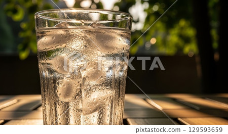 Refreshing Glass of Sparkling Water with Ice Cubes on Wooden Table 129593659