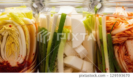 Traditional Korean Fermented Vegetables Kimchi in Glass Jars Traditional Korean Fermented Vegetables Kimchi in Glass Jars 129593670