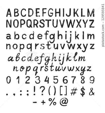 Lowercase and uppercase letters of English alphabet, numbers and punctuation marks chalk texture font vector calligraphy Lowercase and uppercase letters of English alphabet, numbers and punctuation marks chalk texture font vector calligraphy 129593841