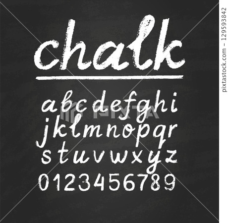 Lowercase letters of English alphabet and numbers chalk texture font, vector grunge chalk board calligraphy lettering Lowercase letters of English alphabet and numbers chalk texture font, vector grunge chalk board calligraphy lettering 129593842