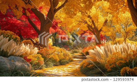 紫芒與紅葉交織的小徑，金秋閃耀的公園 129593974