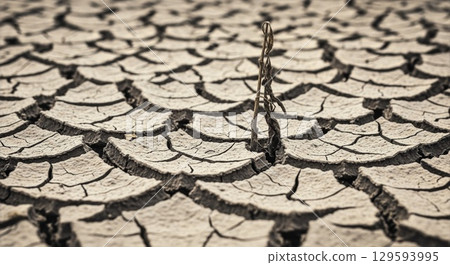 Small plant growing through cracked dry soil in drought conditions	 129593995